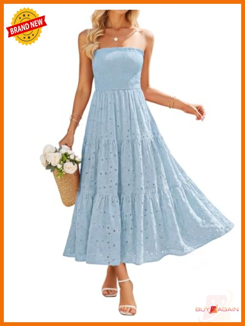 ZESICA Womens Cotton Smocked Strapless Midi Dress Boho Summer Vacation